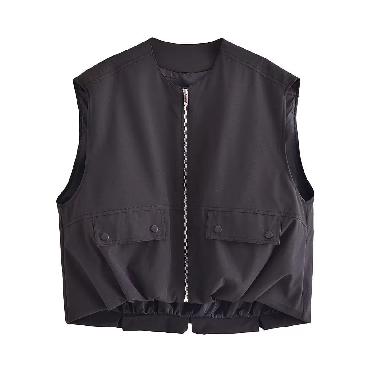 Trendy Streetwear Vest With Ruffled Hem - Lightweight Woven Polyester, Round Neck, Zip Front - Yellow, Black, Light Gray, Army Green (S/M/L/XL)
