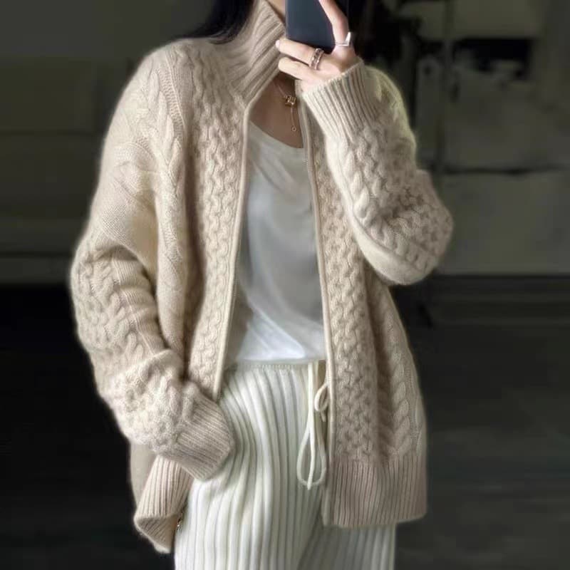 Women's Thick Knitted Cardigan With High Neck - Loose Fit Casual Pullover Sweater For Autumn Winter, Solid Color Polyester Blend