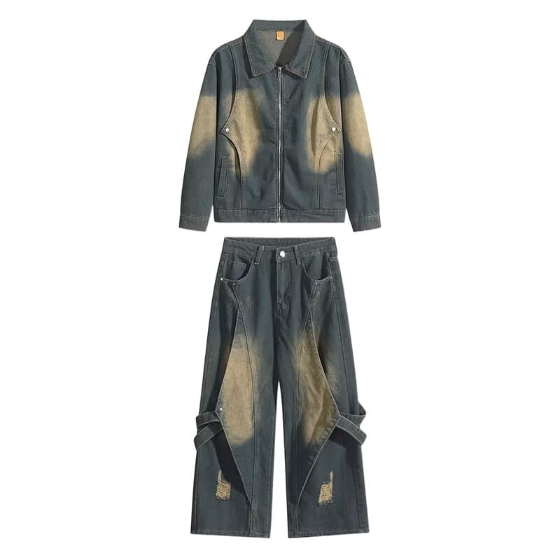 Men's Trendy Outerwear Sets Washed Distressed Patchwork Straight Jeans Loose Denim Jacket Suit