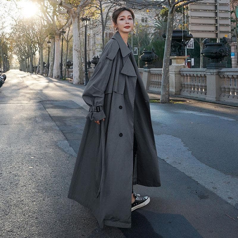 Women's Clothing Long Trench Coat Ankle-Length Loose Fit Overcoat For Tall Women With Belt Detail