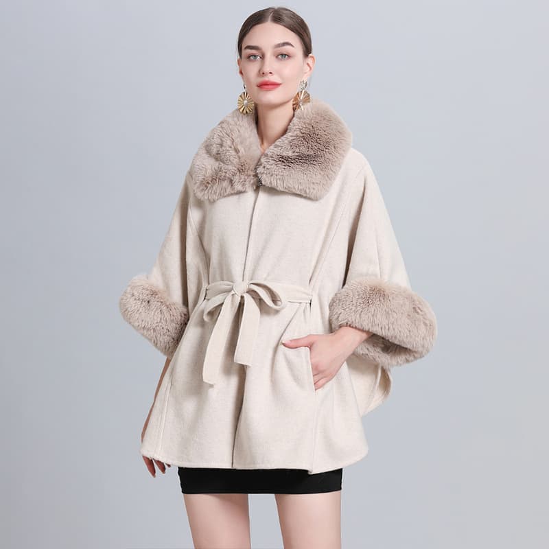 Elegant Batwing Sleeve Duster Cardigan With Faux Rabbit Fur Collar - Oversized Open Front Cape Coat For Women