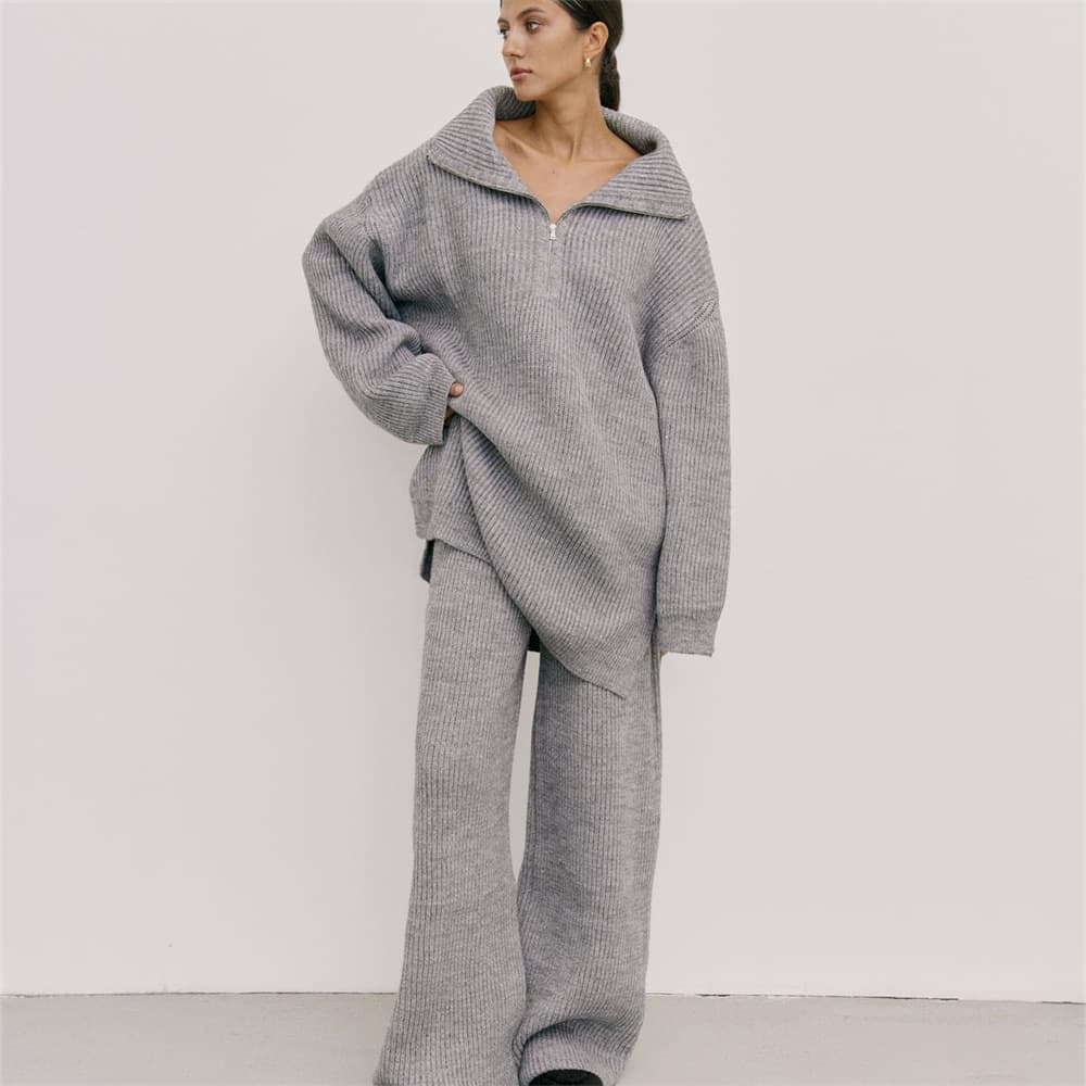 Women’s Clothing single simple high end solid color suit women's autumn and winter half zip sweater knitted straight trousers two piece set