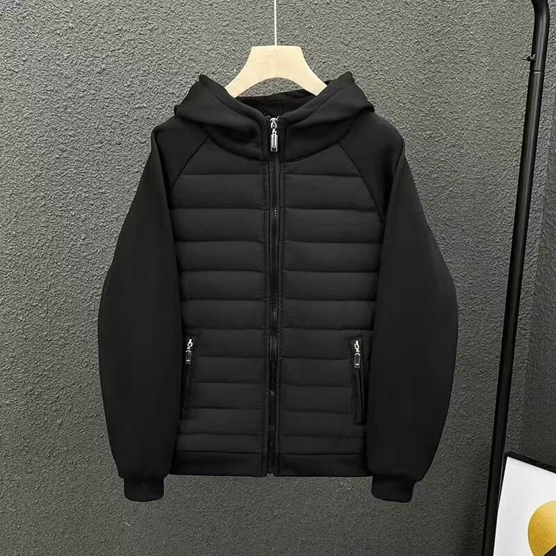"Men's Lightweight Streetwear Hooded Jacket – Oversized Unisex Zip-Up Coat With Polyester Fill & Contrast Panels (Black/White/Gray