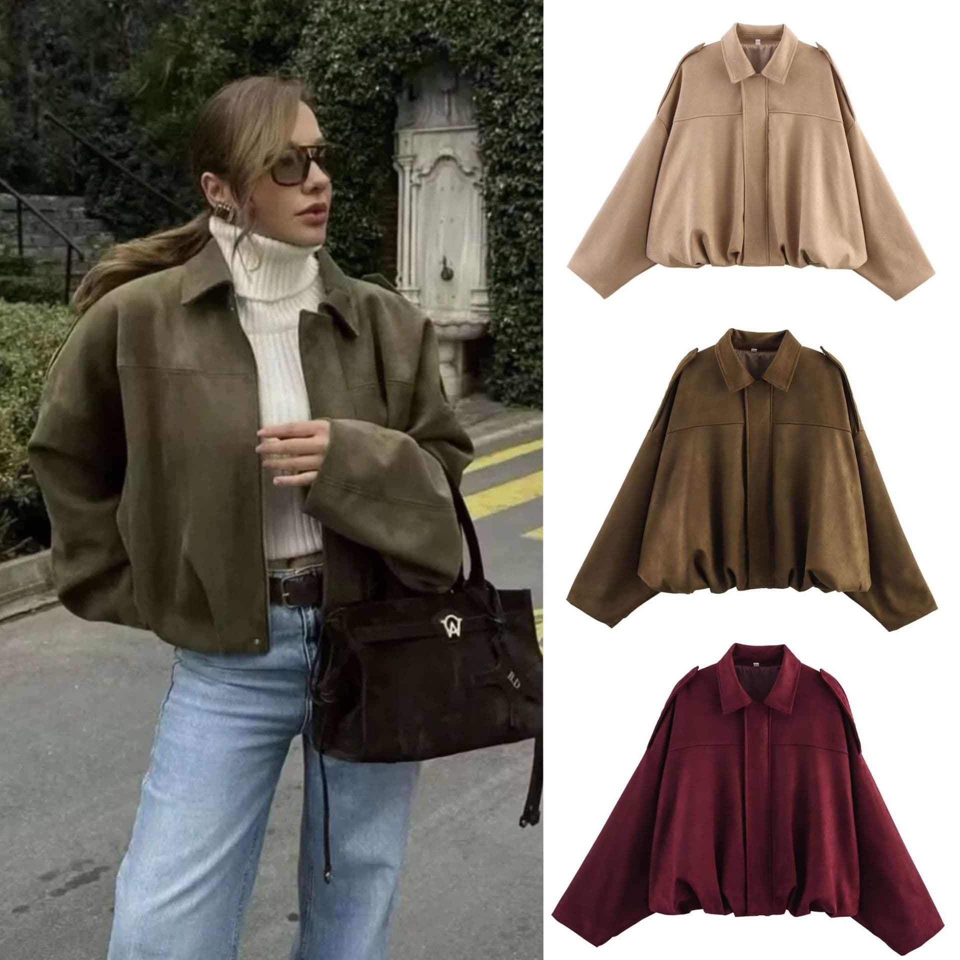 ​​Women's Stylish Batwing Sleeve Bomber Jacket With 3D Effect - Polyester Blend, Round Neck, Multi-Color Options For Casual & Office Wear​​