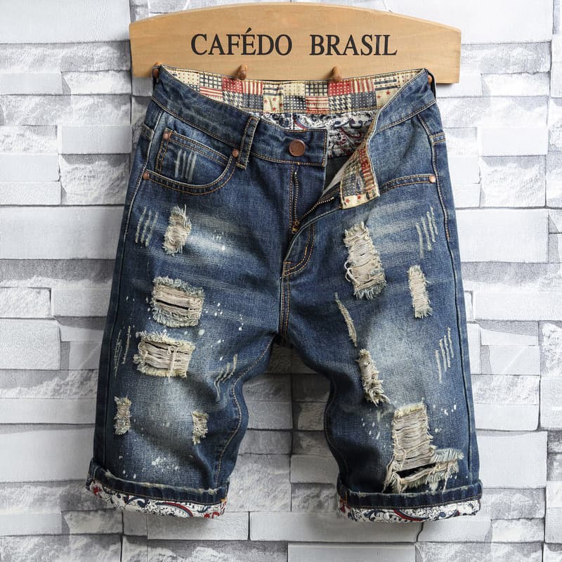 Men's Clothing New Summer Ripped Denim Shorts, Five Point Pants, Loose Fit, Casual Plus Size, Slim Fit, Five Point Pants