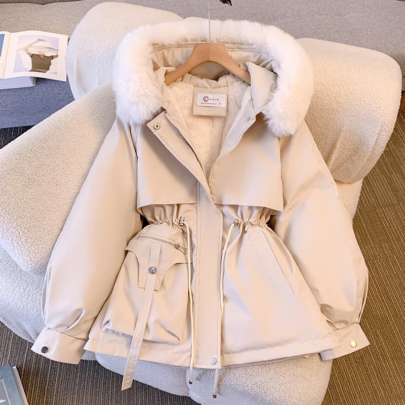 Parka clothing women's waist slimming hooded large fur collar fleece-lined cotton-padded clothing fashionable all-matching Korean style autumn and win