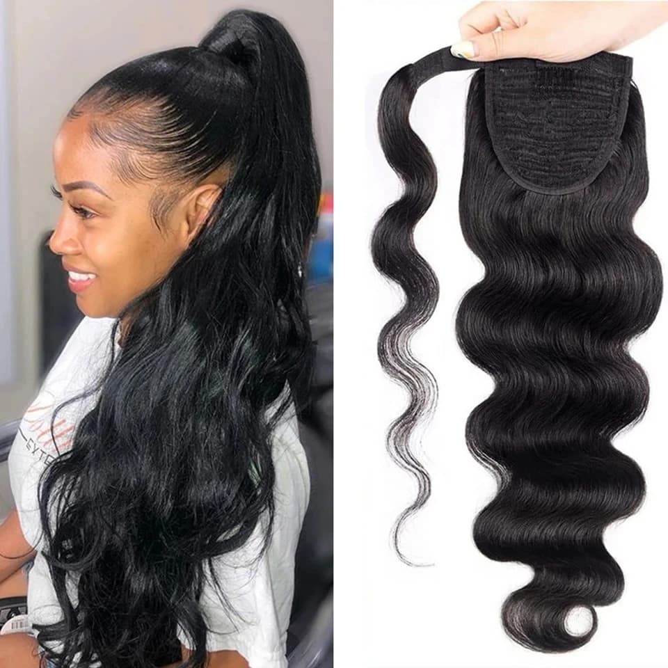 Body Wave Human Hair Ponytail Curly 26 Inch Natural Black Remy Extensions