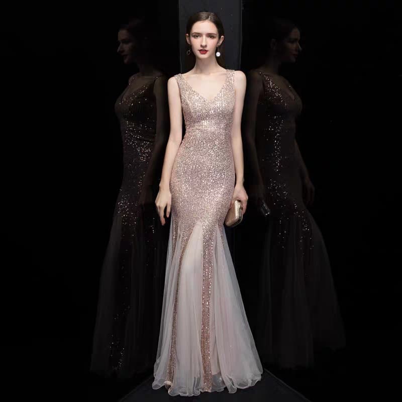 V Neck Mermaid Sequin Sexy Dress Formal Prom Party Long Dress Women