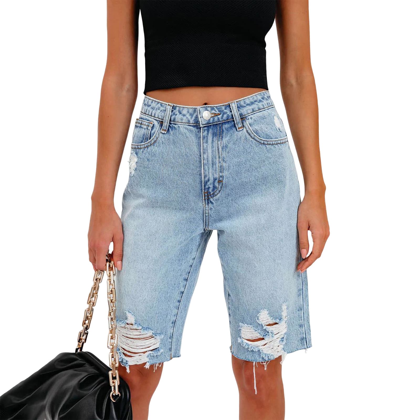 Women'sClothing High Elastic Small Feet Pants Mid Waist Quarter Pants Perforated Jeans