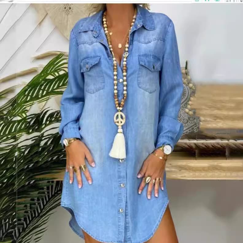 Popular Long Sleeve Button Pocket Solid Color Denim Shirt Dress