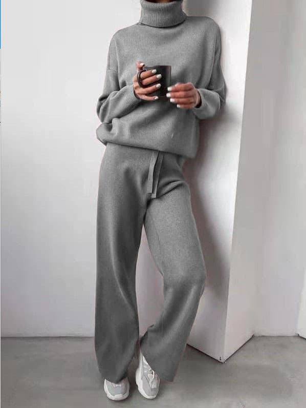 Women's turtleneck solid color splicing knitted two-piece set