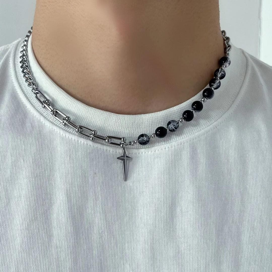 Hip Hop Mangxing Cross Ice Cracking Beads Spliced Titanium Steel Necklace for Men's Trendy and Minority Design
