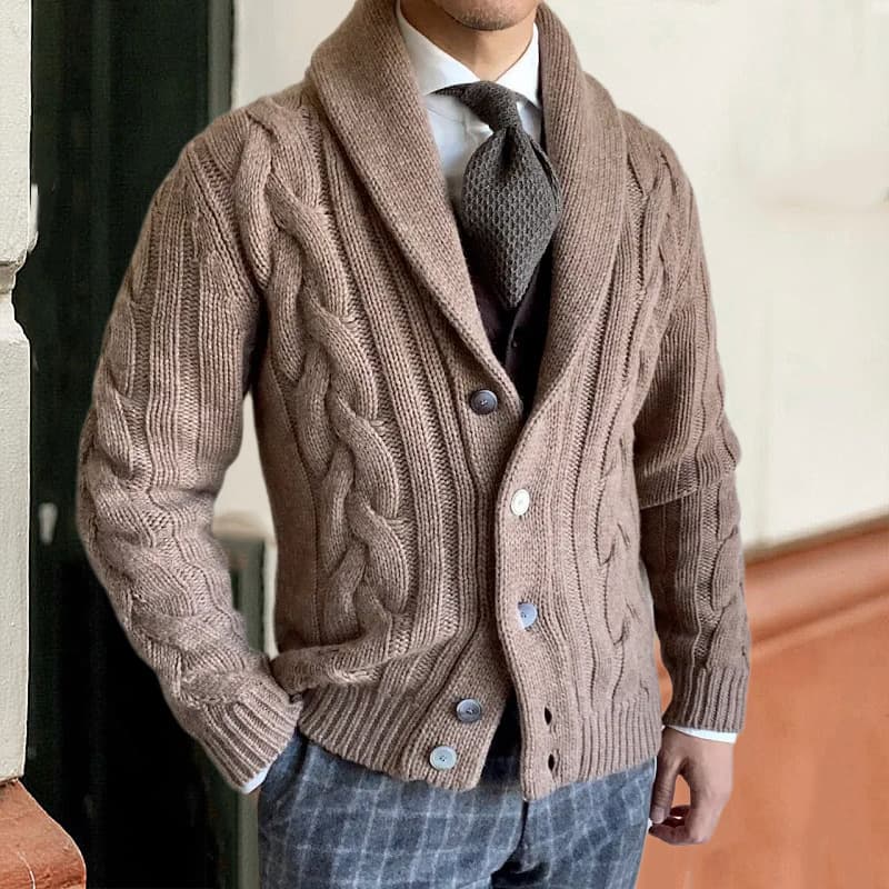 Men's Clothing 2024 autumn and winter new knitted cardigan men's lapel long sleeved cable knit sweater jacket men's clothing