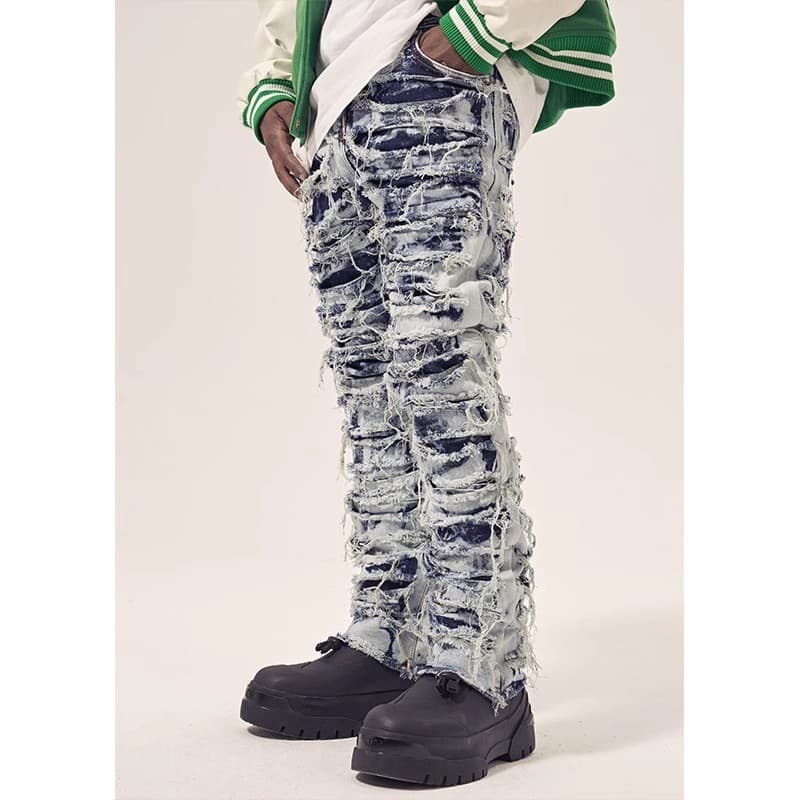 Men's Clothing high street retro destruction scratched horizontal washing old fashion brand beggar hiphop slim stretch denim trousers