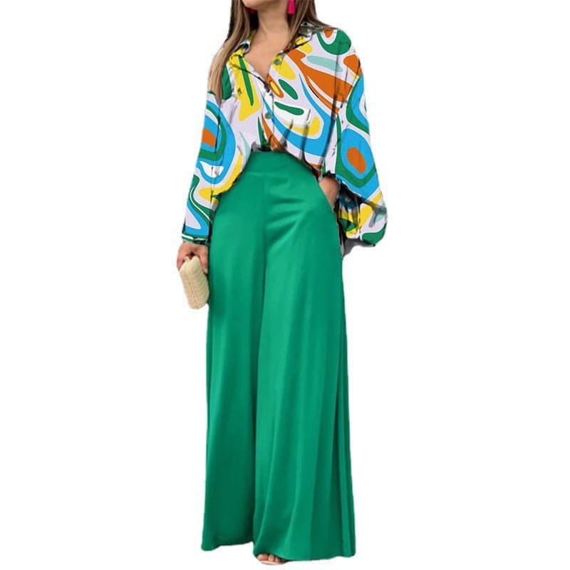 Women's Two-piece Set Loose Lantern Sleeve Lapel Shirt Wide Leg Pants