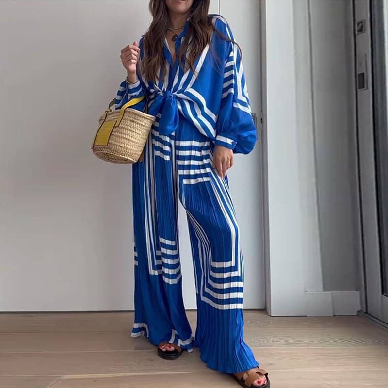 Women's Fashion Long-sleeved Cardigan High-waist Drape Straight Pants Two Pieces