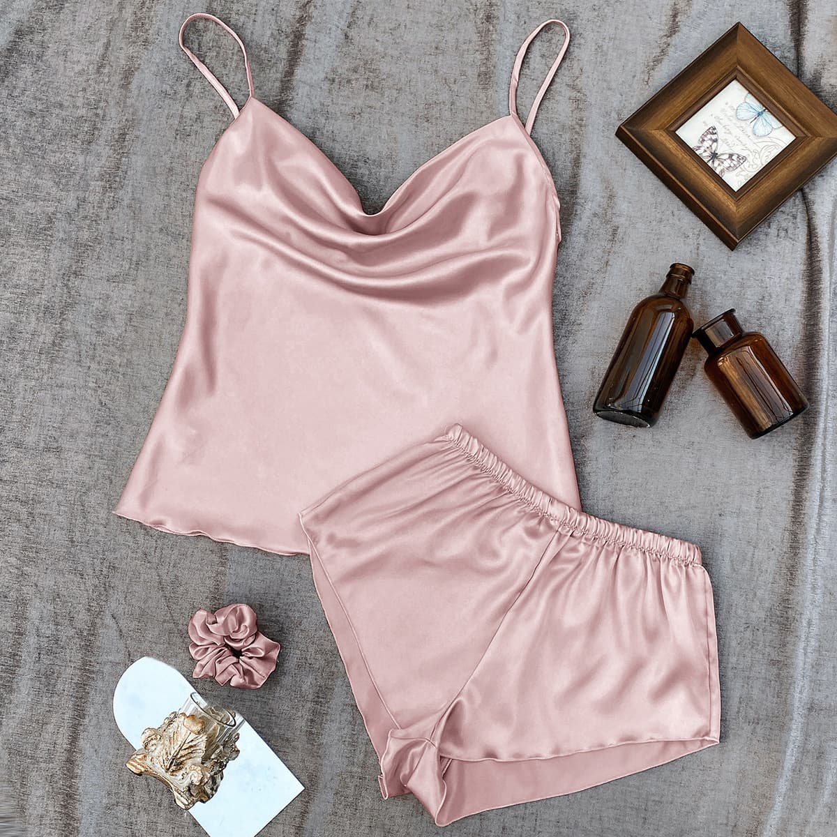 Women's clothing solid color ice silk pajamas for women, thin home suspender shorts set, sexy and light two-piece home wear set