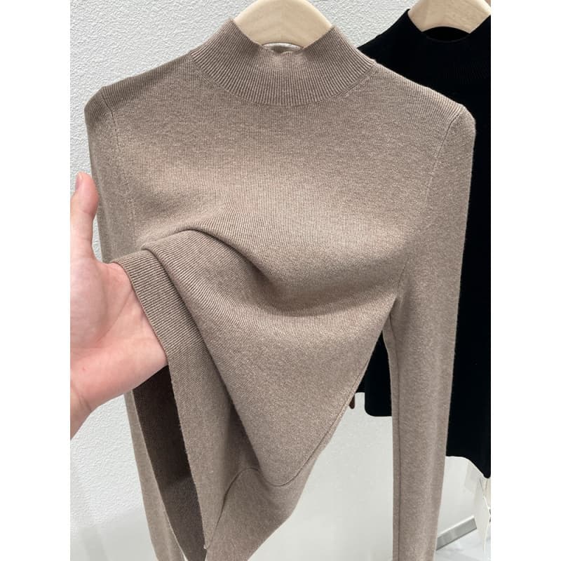 ​​Women's Slim-Fit Semi-Turtleneck Knit Sweater - Soft & Breathable Thin Layering Top For Fall & Winter, Elegant Solid Color Stretchable Pullover