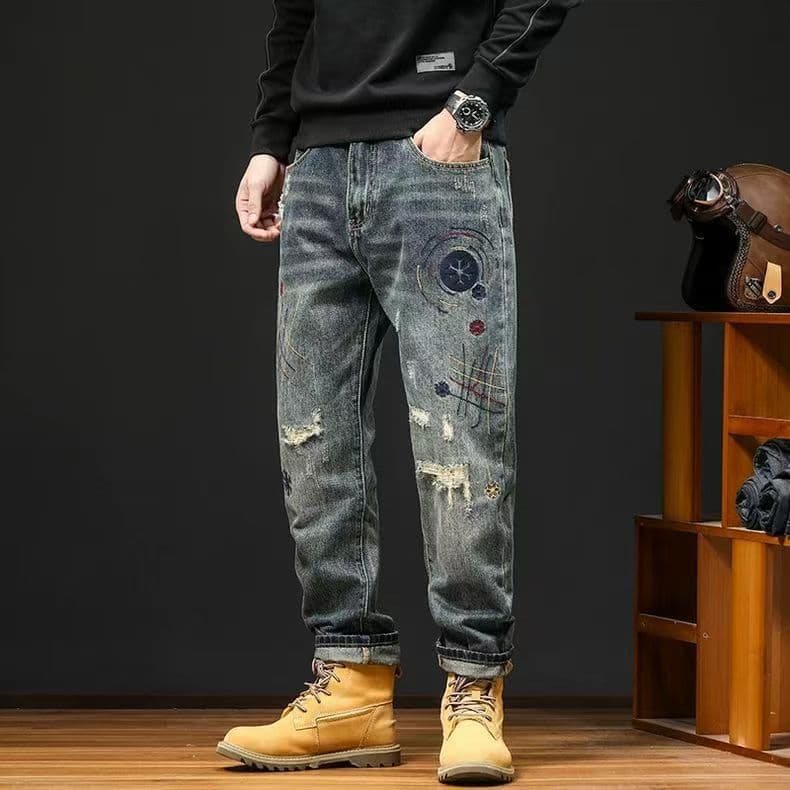 Men's Clothing Street Fashion Brand Loose Ripped Patch Jeans Men's Spring And Autumn New Retro Distressed Harem Tapered Trousers