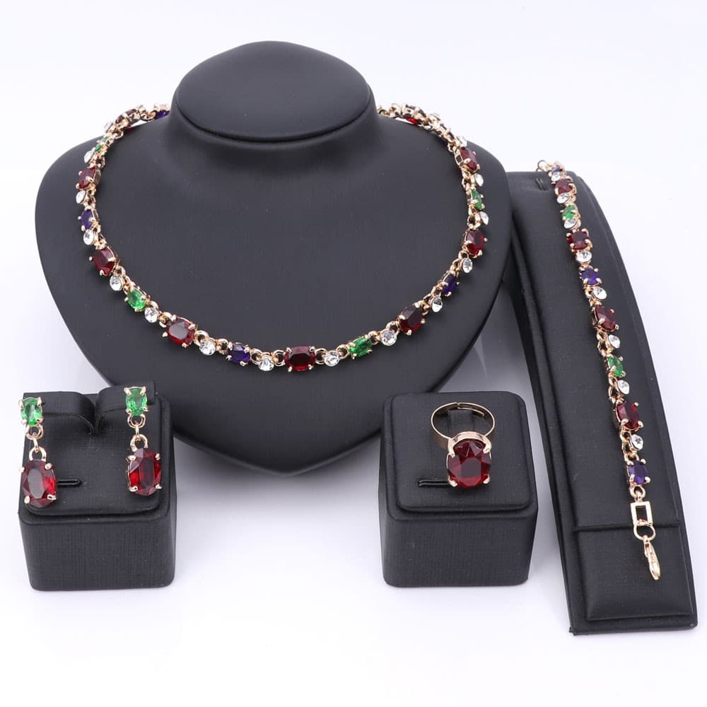 African Jewelry Charm Necklace Earrings Dubai Gold for Women Bridal Bracelet Ring Crystal Zircon Jewelry Sets
