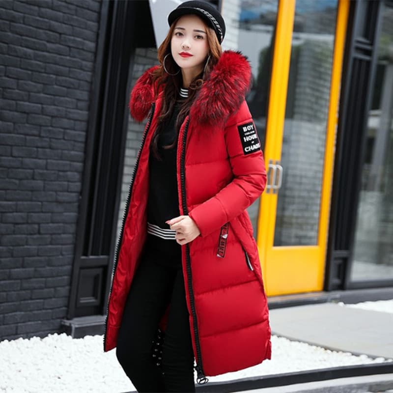 Women's Clothing Slim Fit Long Puffer Coat With Detachable Faux Fur Hood, Thicken Down Alternative Jacket, 3D Embroidery, Windproof Winter Coat