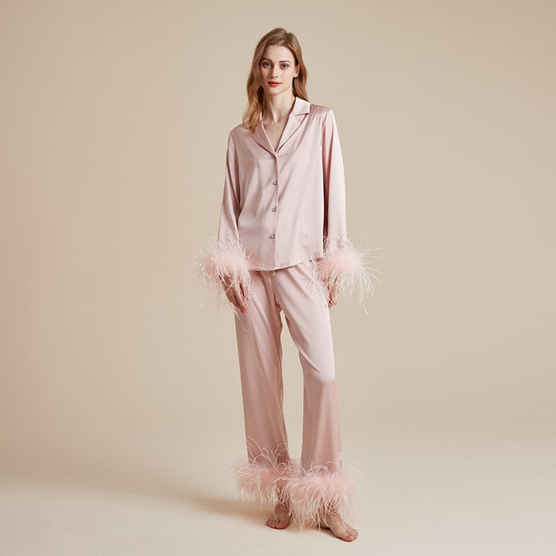 Elegant French-Style Silk Pajama Set For Women - Detachable Feather Cuffs & Ankles, Long Sleeve & Pants, Soft & Breathable