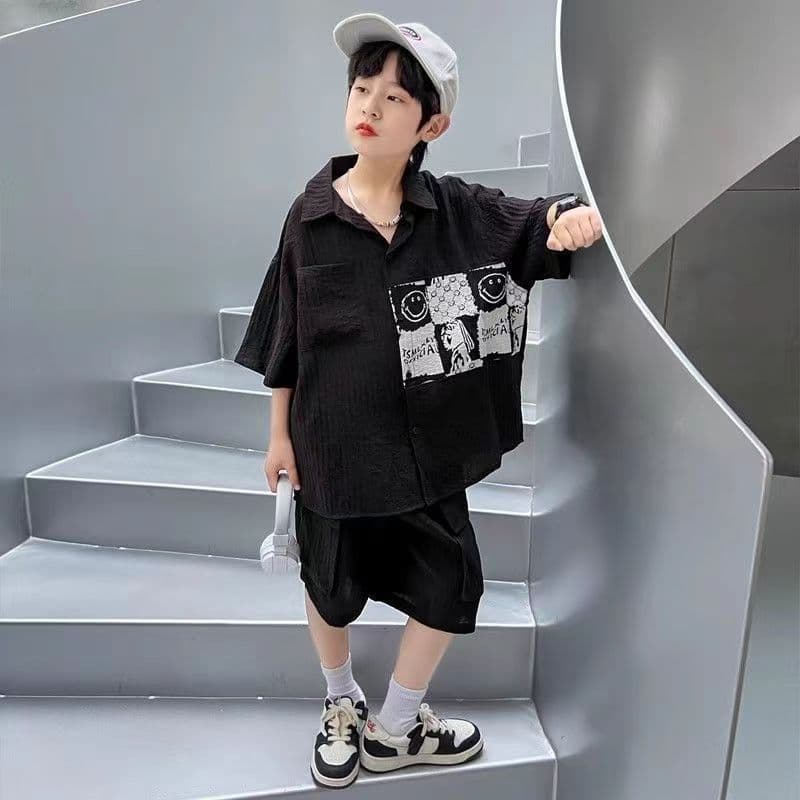Boys' short sleeved shirt set for big 2024 new children's summer leisure boys handsome, fashionable, cool and trendy
