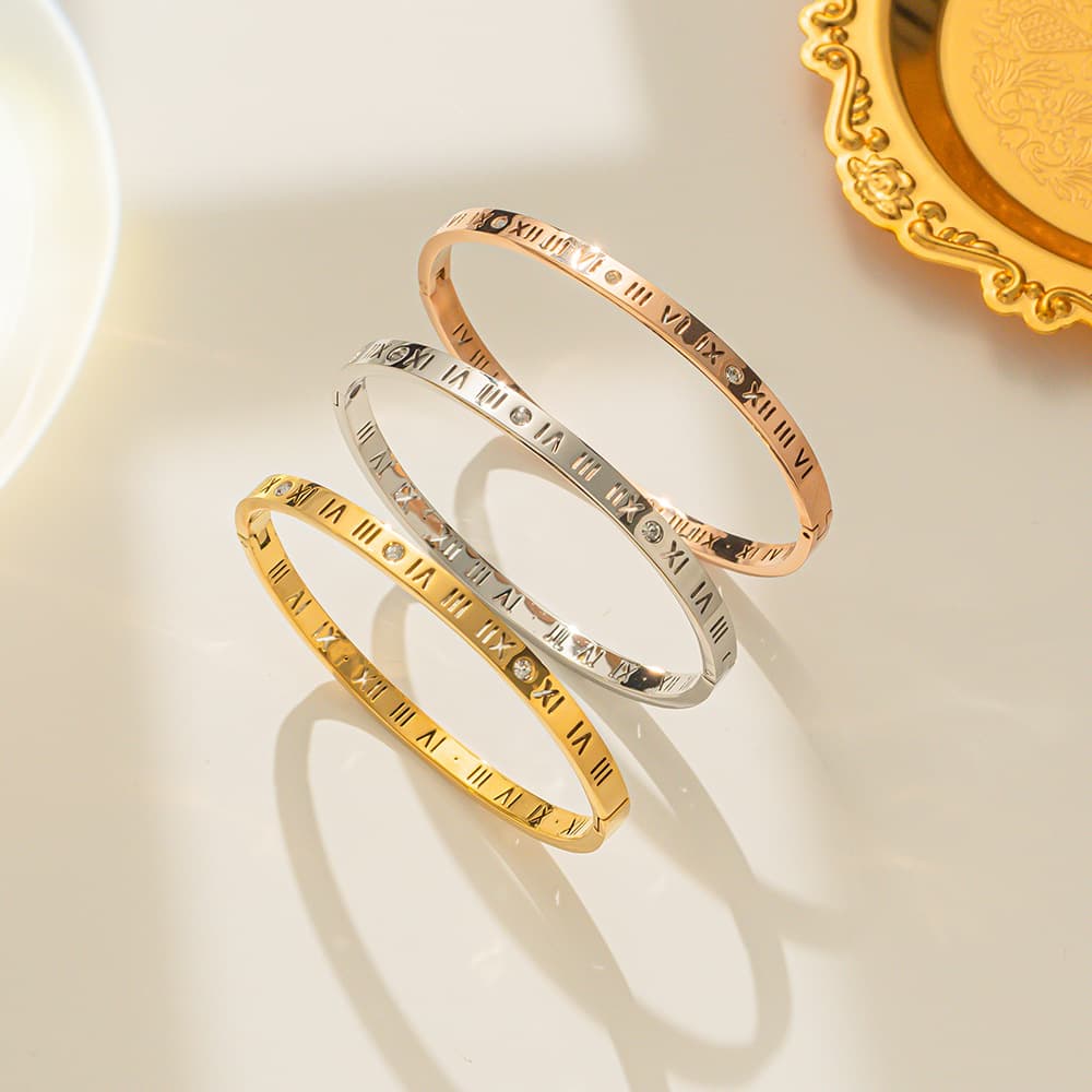 About Roman font titanium steel bracelet, Japan and South Korea creative jewelry, open hand ornament, electroplated real gold bracelet