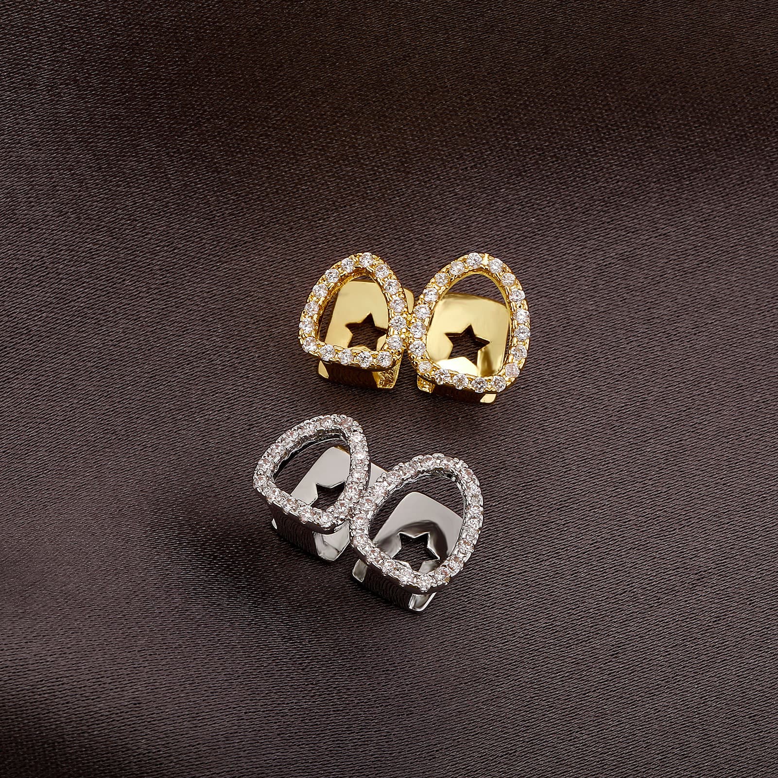 Double Hollow Heart Gold Hip Hop Rap Flashing Diamond-Encrusted Dentures Halloween Personality Teeth Decoration