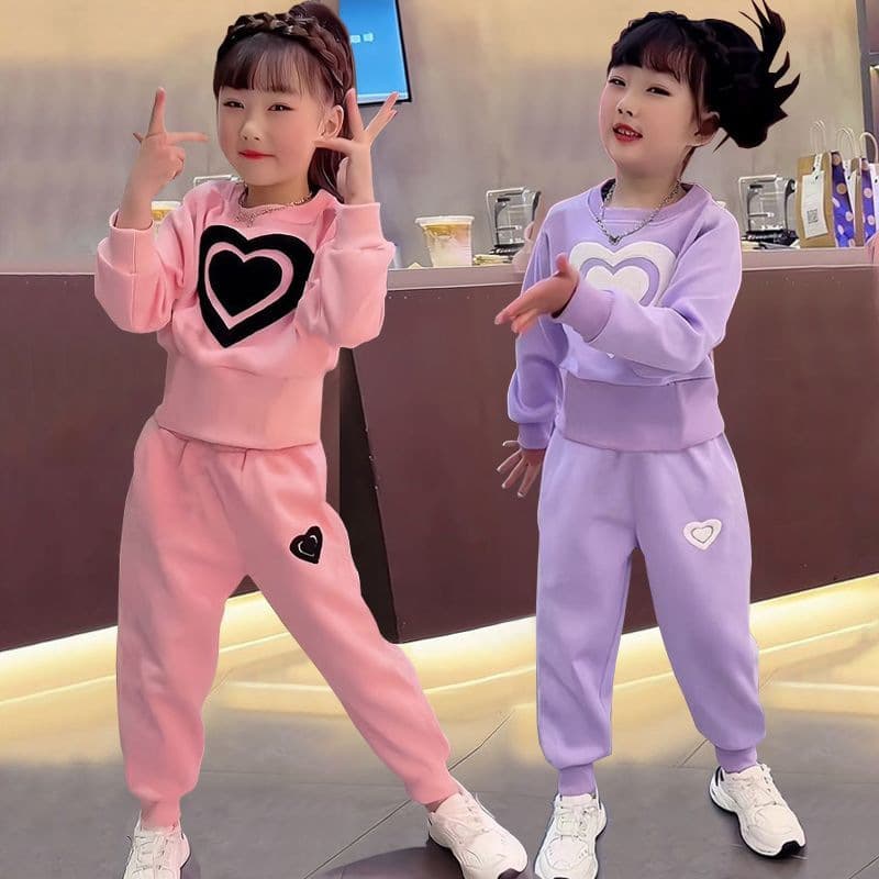 Girls Sweet Autumn Clothes For Middle And Large Children Wide Leg Pants Casual 2024 Autumn New Style Pure Color Sweet Love Two Piece Suit Trendy