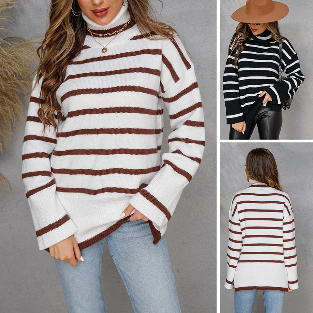 Women's Knitted Pullover Crew Neck Cotton Commuter Striped Plus-size Split Sweater