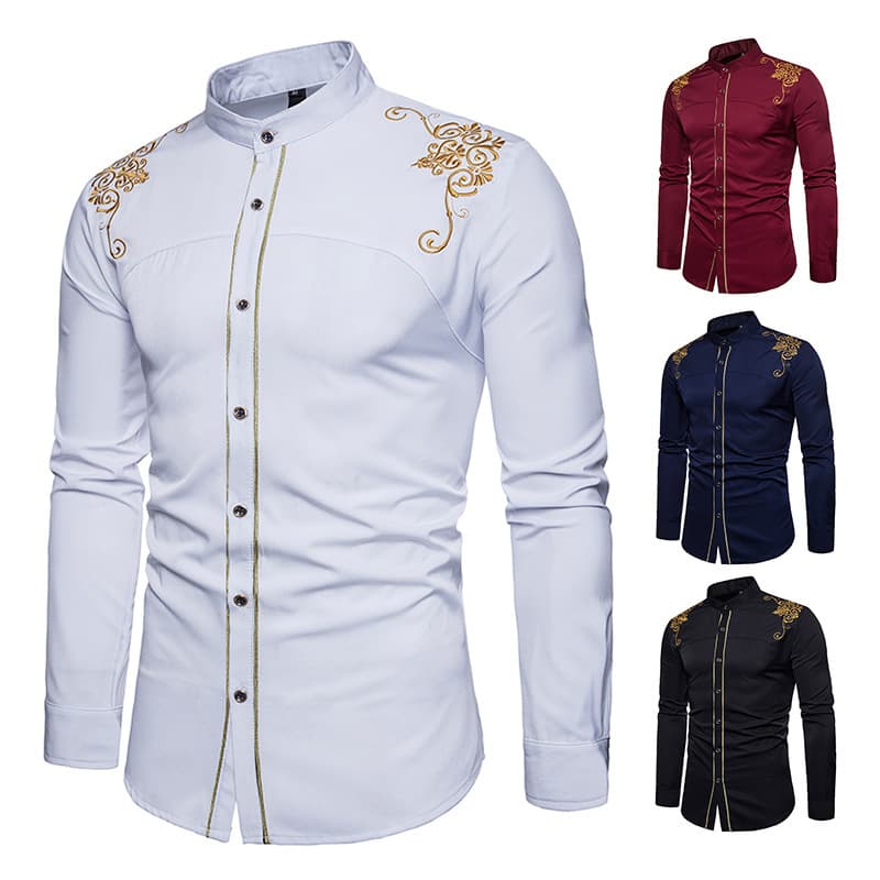 New Youth Men's Fashion Palace Embroidered Long Sleeved Slim Fit Shirt