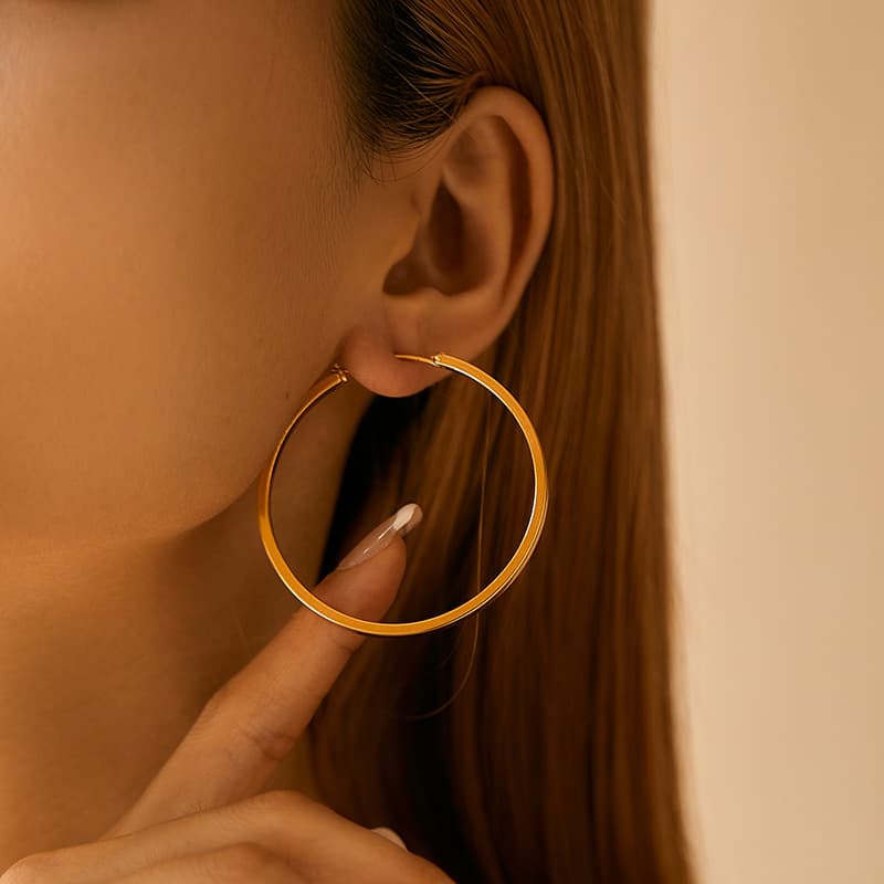 Brass plated K real gold minimalist hoop personality earrings hiphoop glossy circle metal texture earrings
