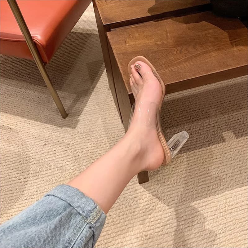 Women's Transparent Crystal Heel Mules - 3" Chunky Block Heel & Square Toe (Beach & Casual Summer Sandals)​