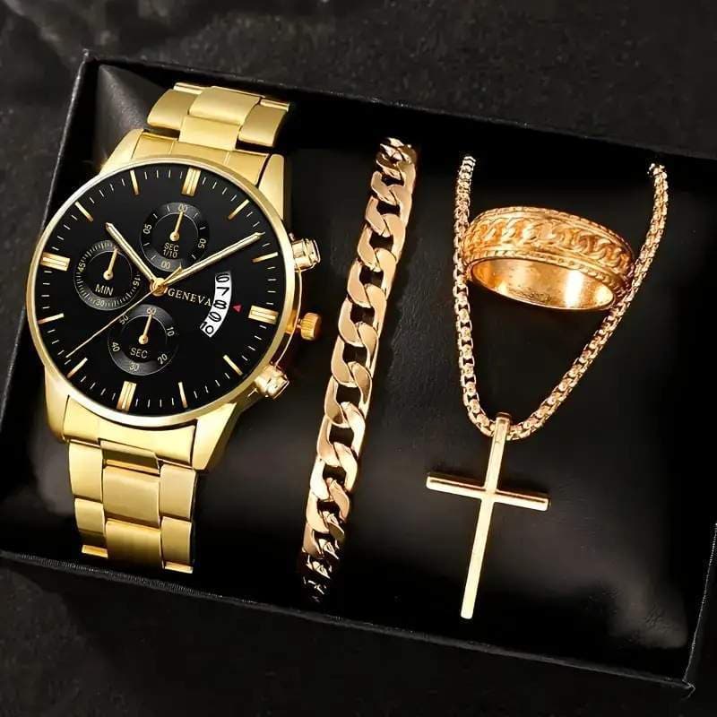 Men's Watches Men's Business Watch Calendar Graduated Quartz Watch Cross Necklace Bracelet Ring Set