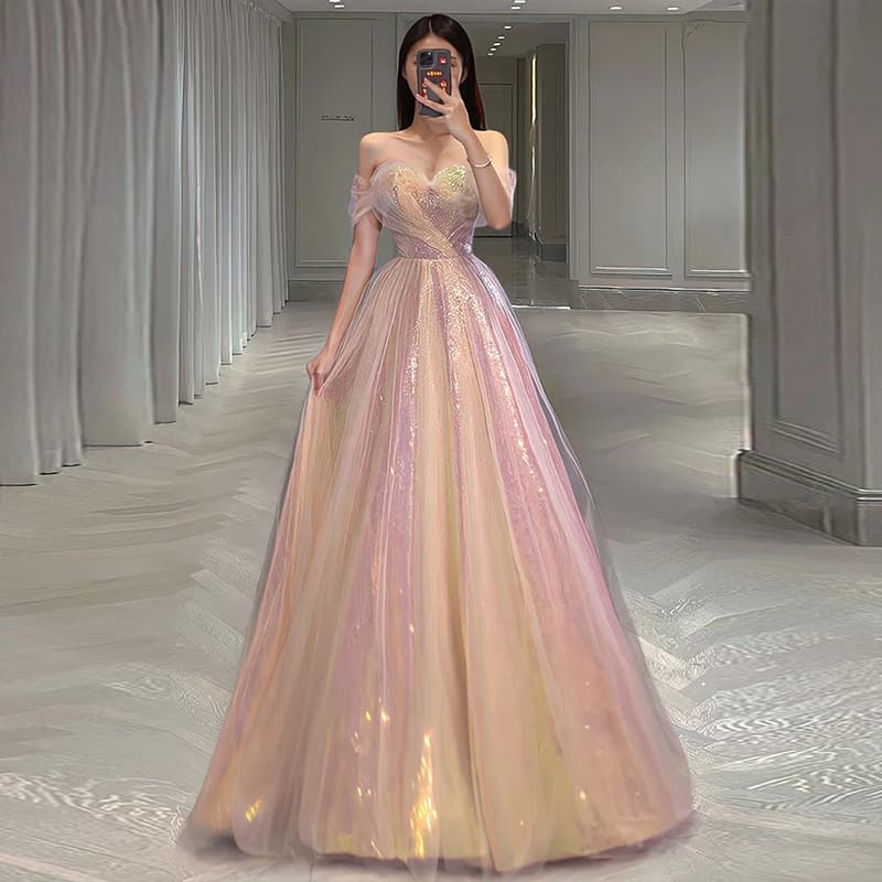 2025 New Style Mesh Slim Annual Banquet Host Mermaid One Shoulder Evening Dress Female
