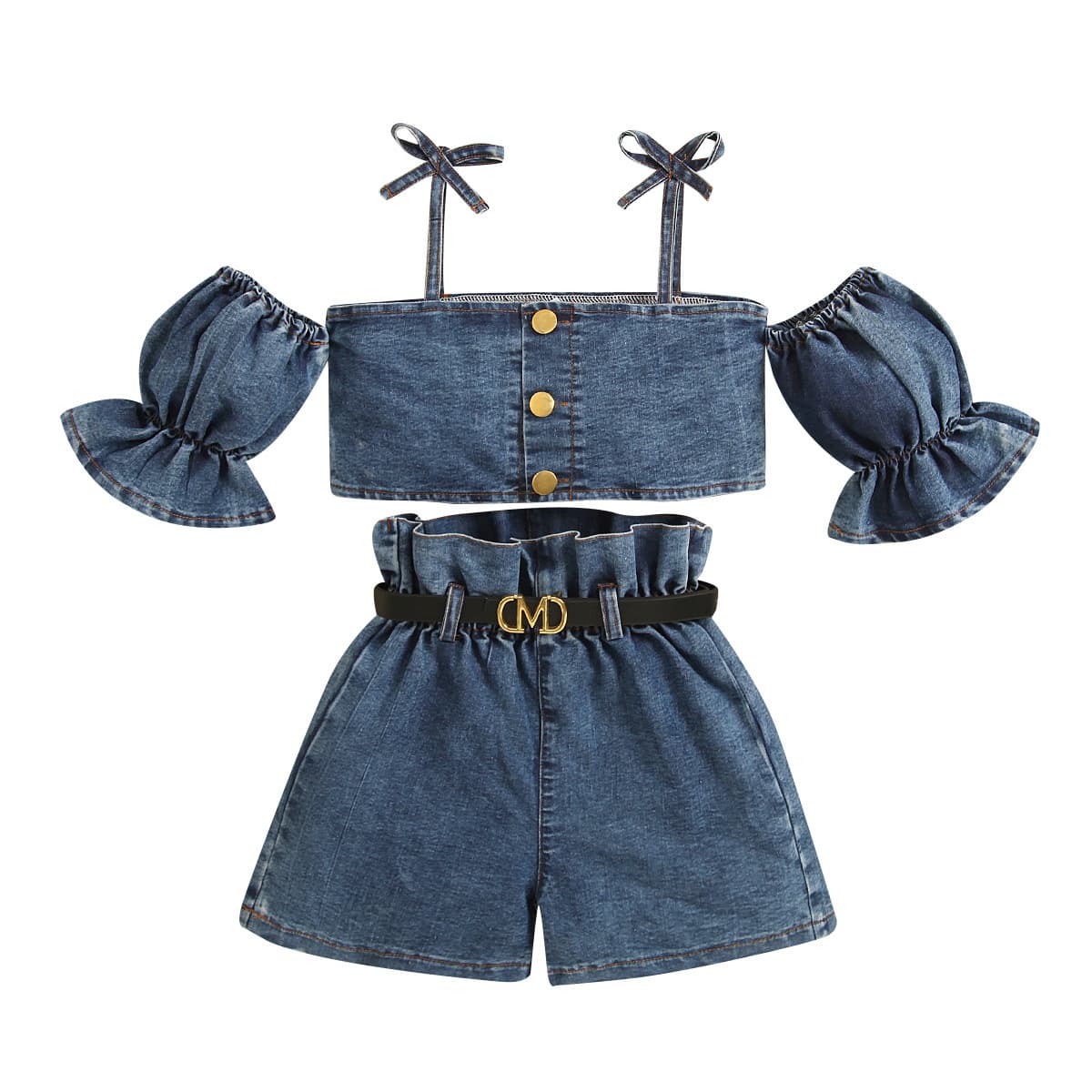 Mother & Kids Baby Clothing Girls' Clothes Halter With Pinched Lantern Sleeves Single Breasted Cardigan Top High Waist With Belt Shorts