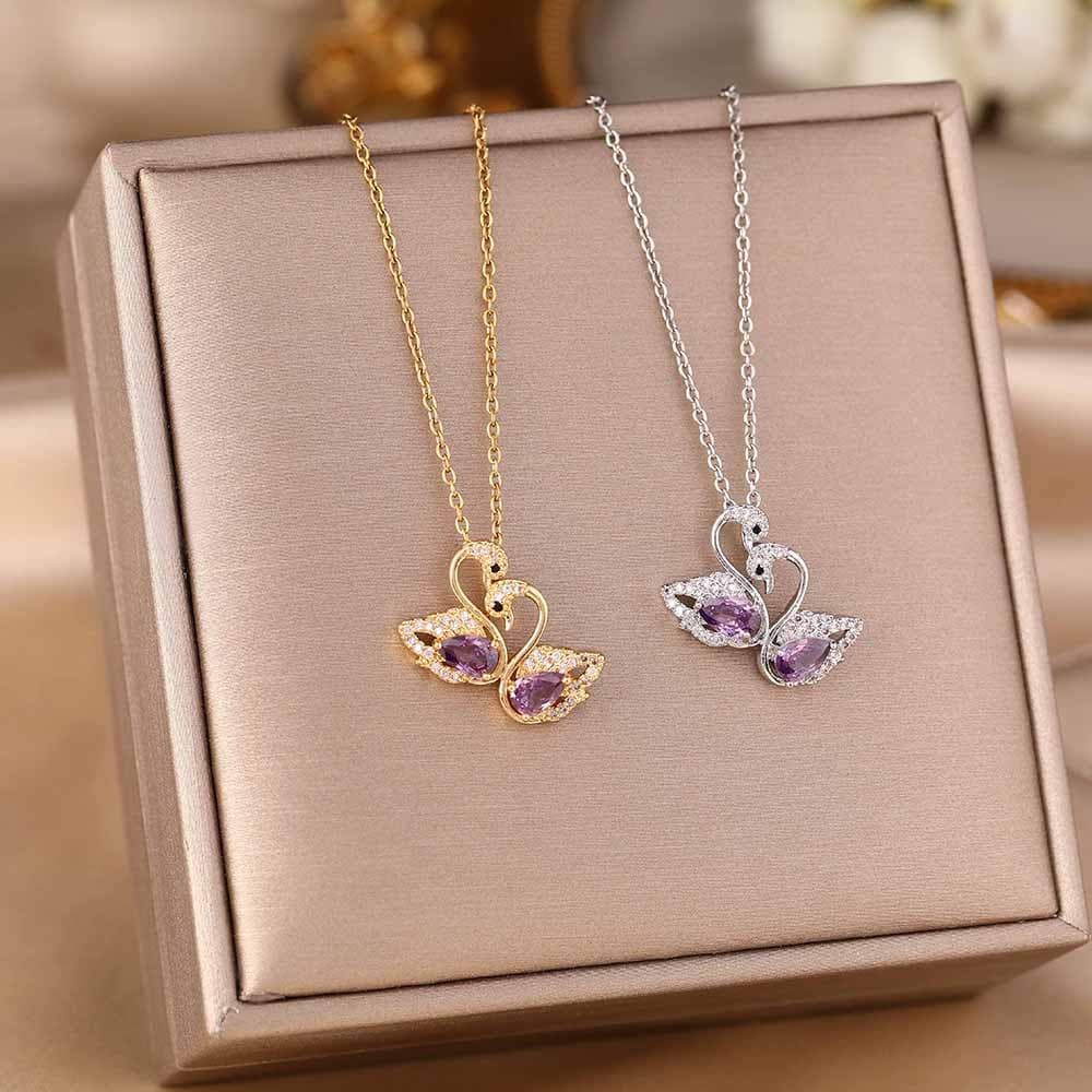 New Korean Style Light Luxury Titanium Steel Necklace For Women, Diamond Studded Double Swan Purple Crystal Pendant,