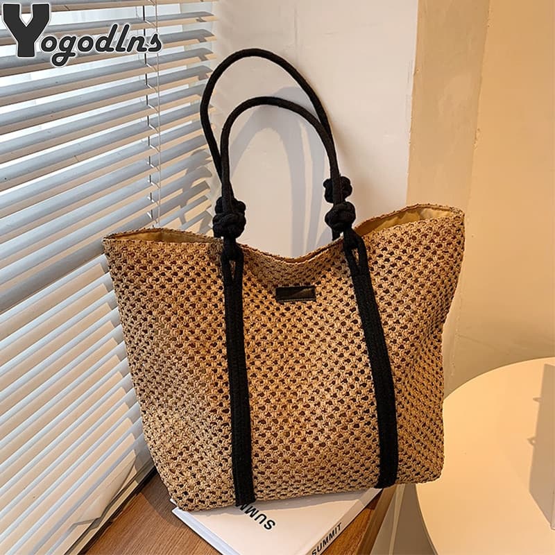 Casual Summer Large Capacity Straw Woven Beach Bags Handmade Women's Shoulder Bag Lady Travel Handbags Rattan Shopper