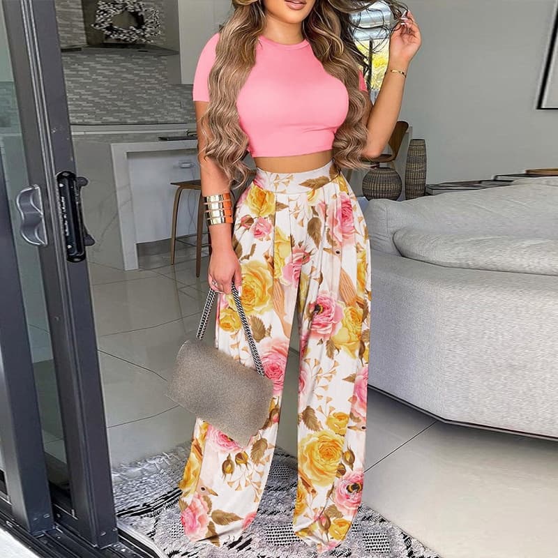 Women's Clothing Stylish Commuter Short T-shirt Waist-closed Printed Wide-leg Trouser Suit