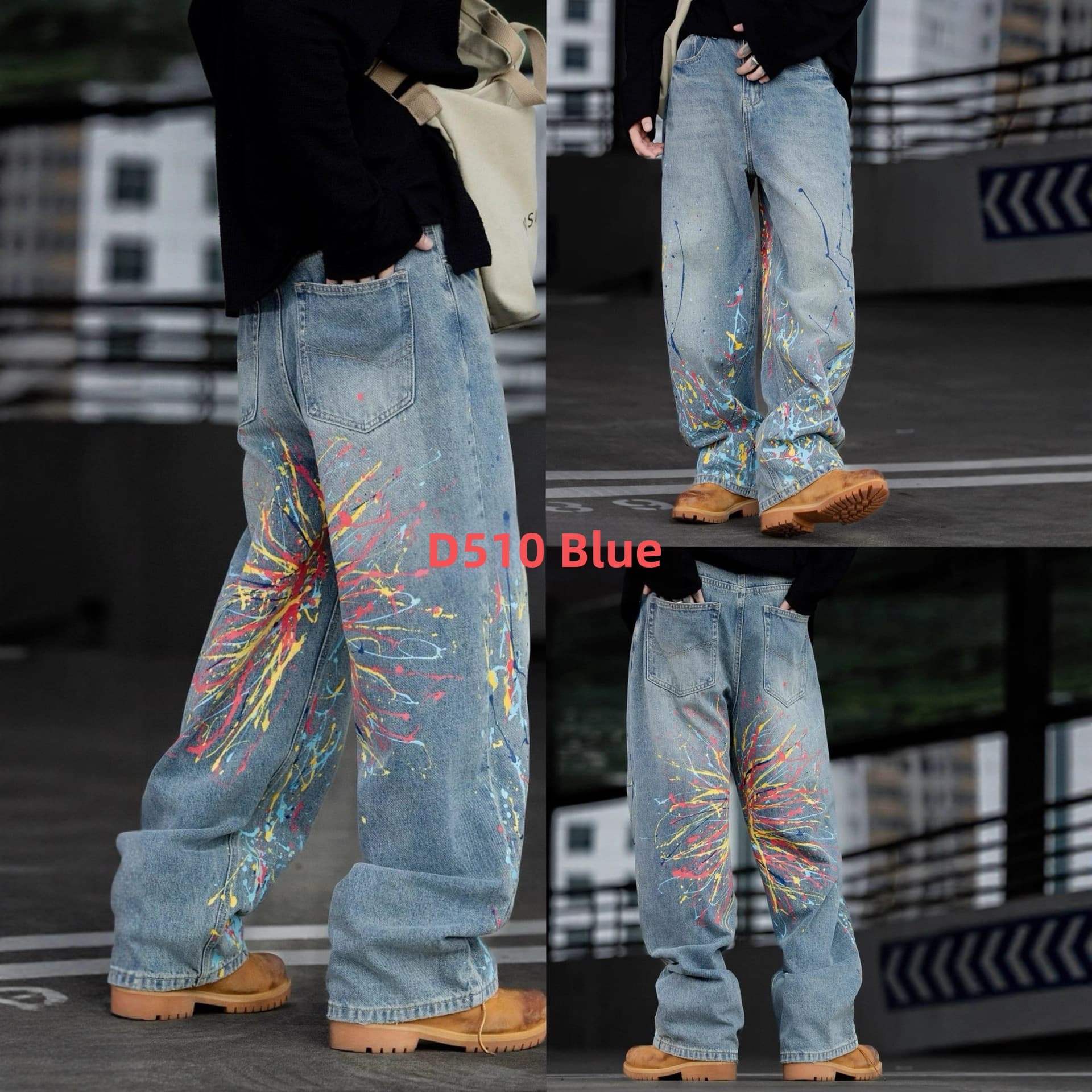 Men's Clothing Men's High Street Hip Hop Loose Fit Casual Straight Leg Denim Jeans Trendy Painted Graffiti Niche For Formal & Casual