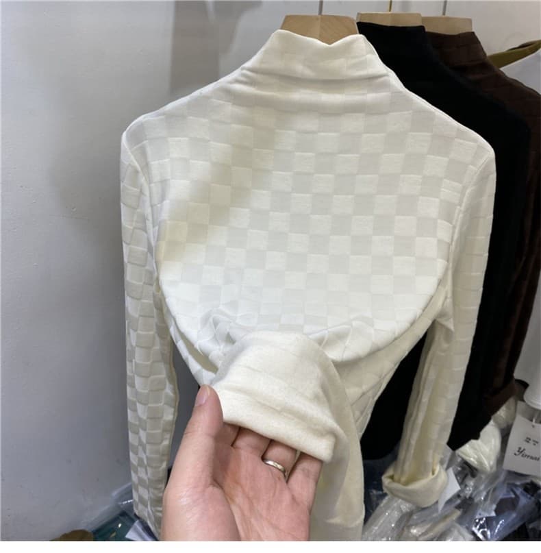 Women's Clothing half turtleneck bottoming shirt plaid long sleeved T shirt fashionable and stylish inner top
