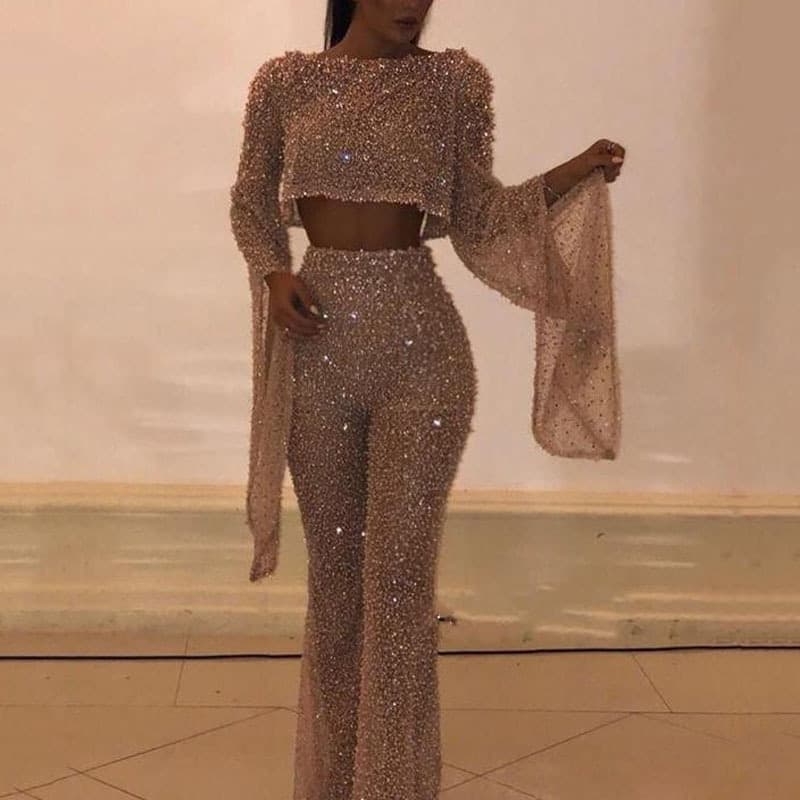 Women's Clothing Two Piece Sexy Long Sleeved Backless Jumpsuit Trousers