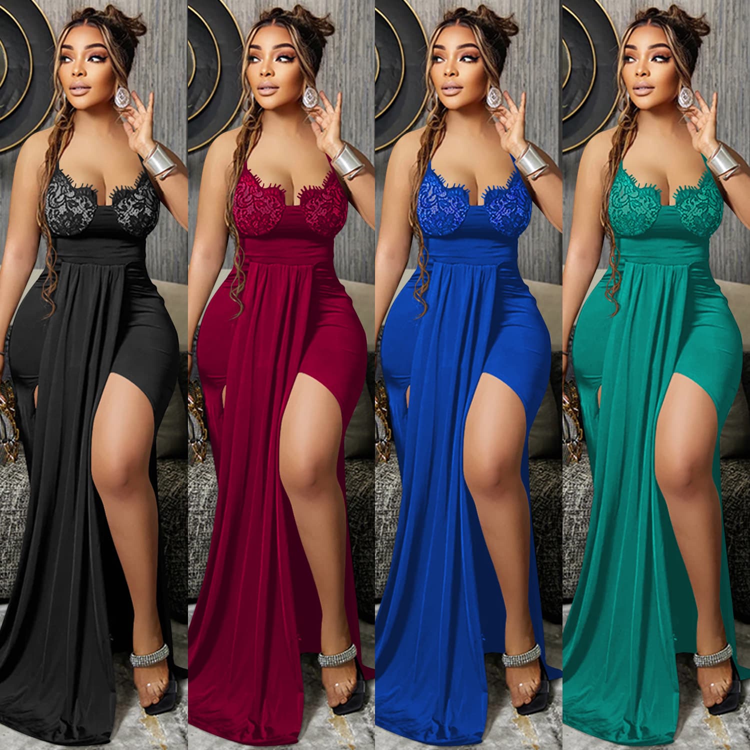 Women's Clothing fashion solid color elegant sexy V-neck suspender backless irregular dress long skirt women's clothing