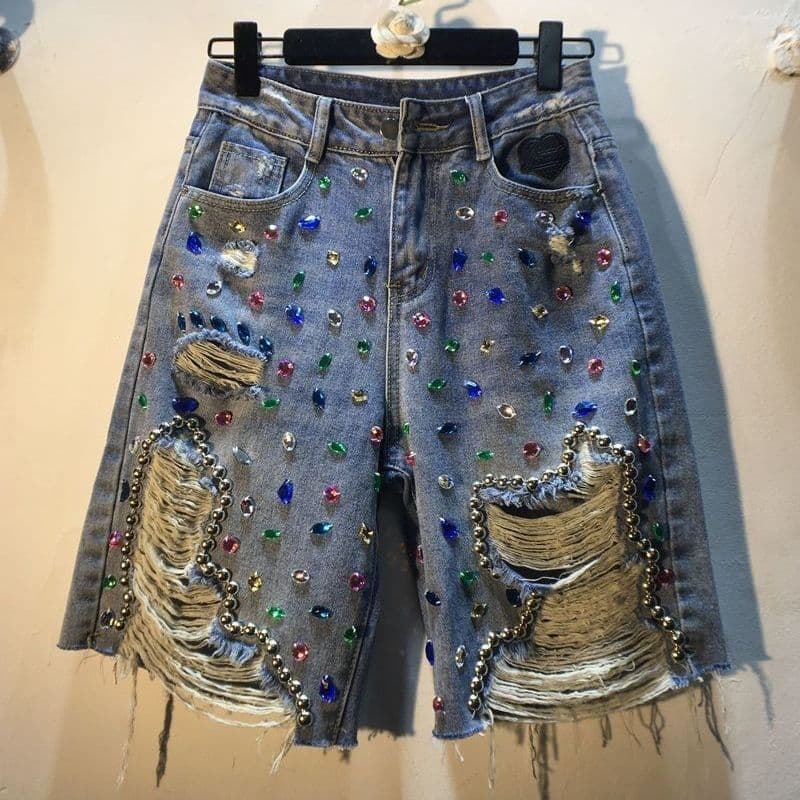 Women's High-Waisted Slim Fit Ripped Straight Leg Shorts Heavy Duty Diamond Studded