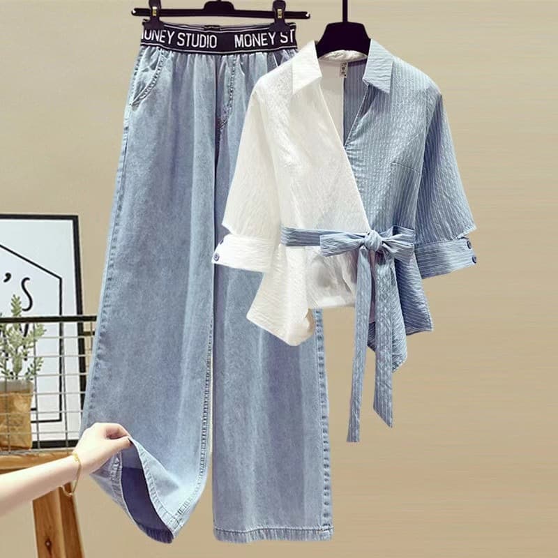 Women's Clothing Spring Suits Women's Splicing Two Piece Shirts Slim Jeans Two Piece Suits