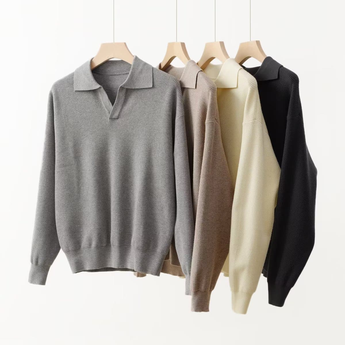 Men's Clothing V Neck Sweater Pullover Thick Needle Lapel Polo Long Sleeve Solid Color Spring And Autumn Tops