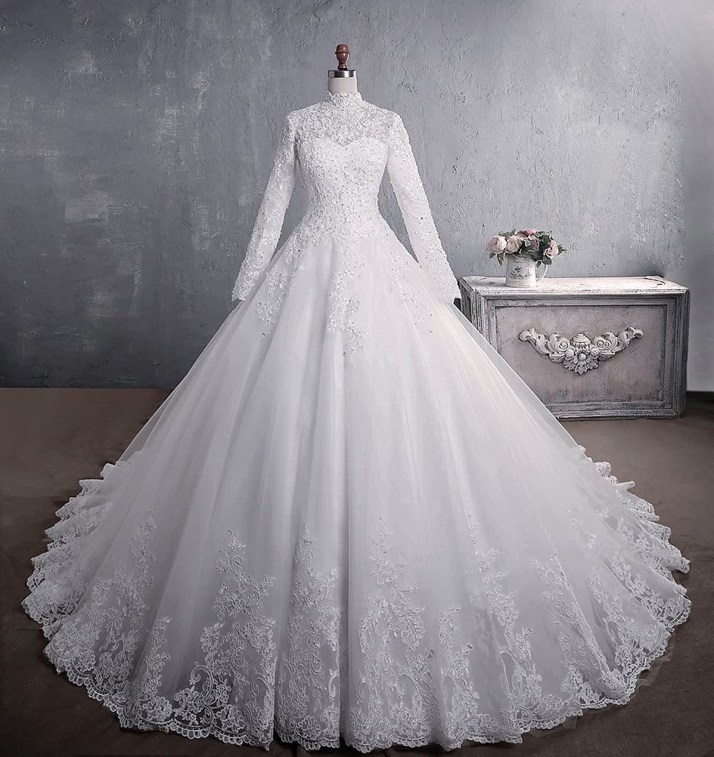 Women's Wedding Dress Lace Bridal Stand Collar Long Sleeve Stand Collar Big Tail Plus Size Muslim Wedding Dress Custom