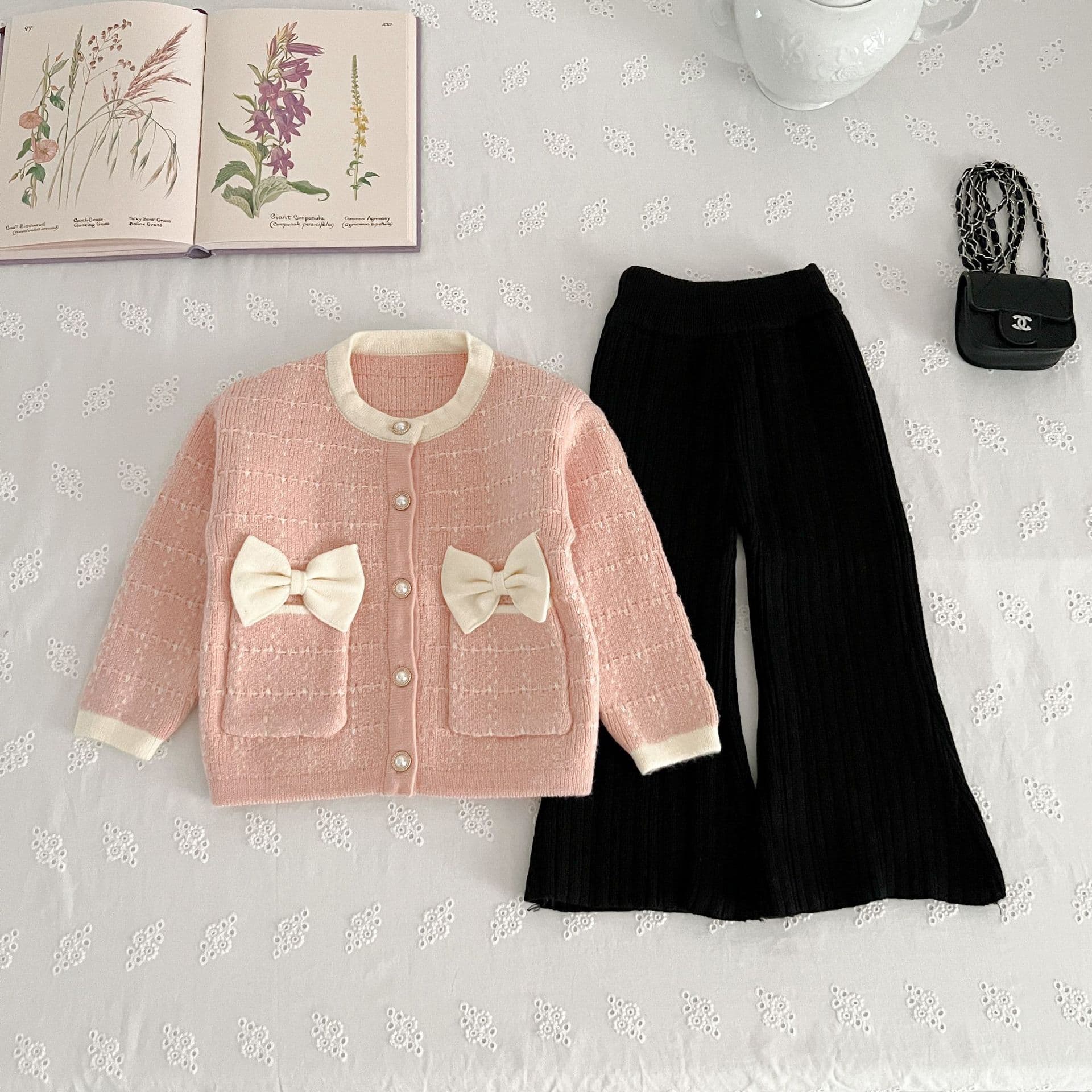 Mother & Kids Girls Cardigan Sweater Jacket New Style Small Fragrance Style Sweater Pants Suit Western Style Top Korean Style