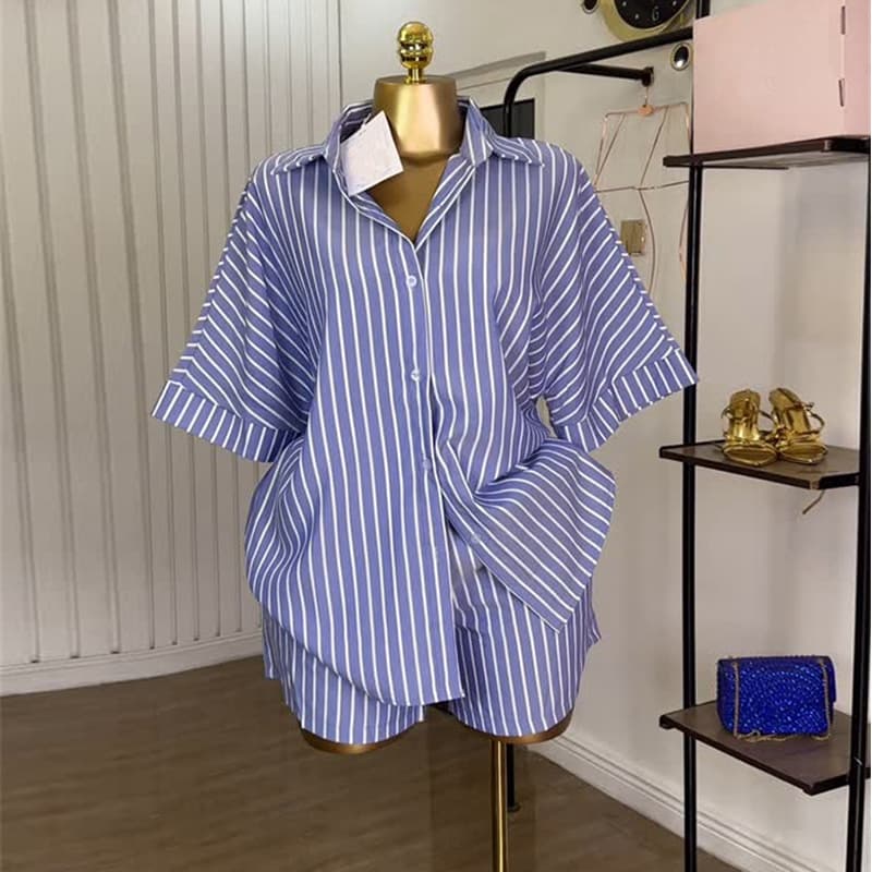 Women's Clothing Summer New Fashion Blue And White Striped Loose Shirt High Waist Wide Leg Shorts Suit